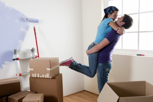 Office relocation planning with labels, crates, and packed workstations